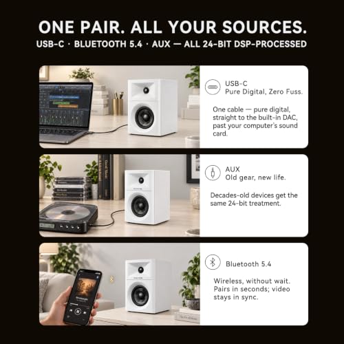 Sanyun SW203 3" 2-Way Active Bookshelf Speakers for Desktop Computer PC - color: White