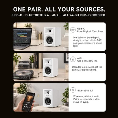 Sanyun SW203 3" 2-Way Active Bookshelf Speakers for Desktop Computer PC - color: White