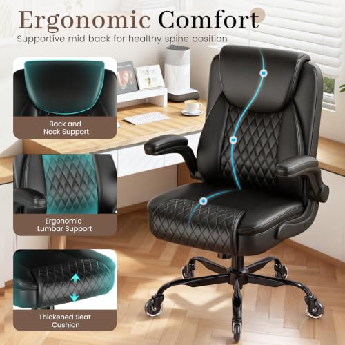 COMHOMA Mid-Back Office Chair, Ergonomic PU Desk Chair with Flip up Arms, Small Computer Gaming with Comfy Lumbar Support,Rocking Function,Sturdy Metal Base, Black - color: Black