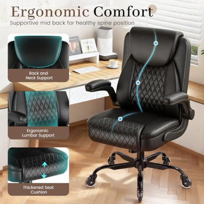 COMHOMA Mid-Back Office Chair, Ergonomic PU Desk Chair with Flip up Arms, Small Computer Gaming with Comfy Lumbar Support,Rocking Function,Sturdy Metal Base, Black - color: Black