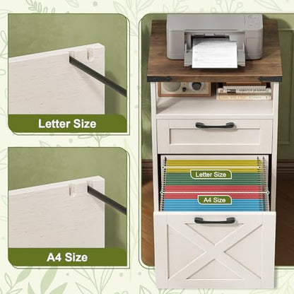 Vabches Office Filing Vertical Cabinet with 2 Drawers, Unique White | Farmhouse Filing Cabinet with Open Storage Space, Wheels and Printer Stand for Hanging Files Letter/A4 for Home Office. - color: Unique White, style: Vertical