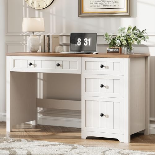 Vabches Farmhouse Executive Desk with 4 Drawers, Home Office Desk with File Drawer, Wood Computer Desk with Storage, Rustic Office Desk for Work Study Writing, Brown White - color: Brown White