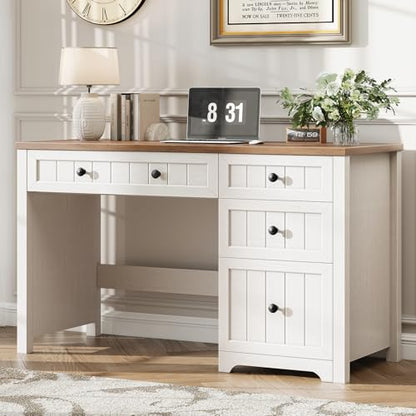 Vabches Farmhouse Executive Desk with 4 Drawers, Home Office Desk with File Drawer, Wood Computer Desk with Storage, Rustic Office Desk for Work Study Writing, Brown White - color: Brown White