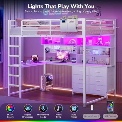 Full‑Size White Metal Loft Bed with L‑Shaped Desk, LED & Charging Station - color: White