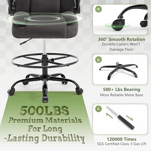 500LBS Drafting Chair, High Back Safer Standing Desk Chair, Executive Tall Office Chair with Flip-up Armrests, Upholstered Fabric Task Chair, Ergonomic Seat with Adjustable Height&Foot Ring, Dark Gray - color: Dark Gray