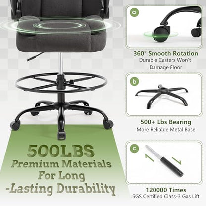 500LBS Drafting Chair, High Back Safer Standing Desk Chair, Executive Tall Office Chair with Flip-up Armrests, Upholstered Fabric Task Chair, Ergonomic Seat with Adjustable Height&Foot Ring, Dark Gray - color: Dark Gray