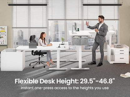 SEDETA L Shaped Electric Standing Desk with File Cabinet, 63 x 53'' Height Adjustable Home Office Computer Desk with Drawers, Power Outlet, Stand up Gaming Table with Led Lights, Keyboard Tray, White - color: White, size: 63 x 53'' L Shaped Standing Desk
