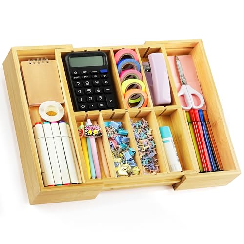 TREWAVE Bamboo Desk Drawer Organizer, Expandable Drawer Organizer Tray | 12.6" - 15.6" Wide, with Adjustable Dividers, Wooden Storage Organizers for Office Supplies, Crafts, Makeup & Kitchen Cutlery