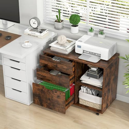 LOKO 3-Drawer File Cabinet, Rolling Lateral Filing Cabinet (Rustic Brown) - color: Rustic Brown