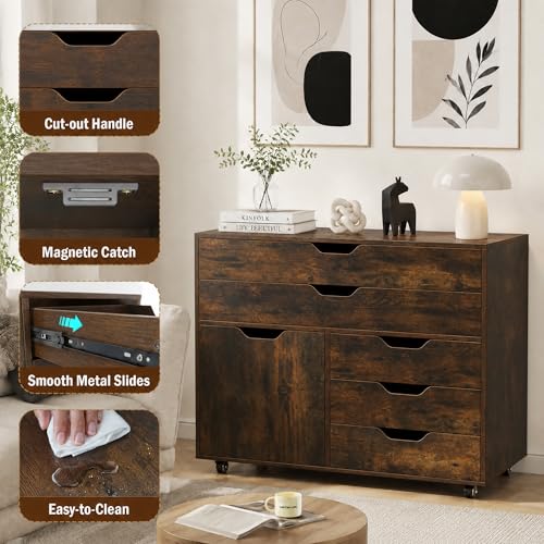 POWERSTONE Rolling File Cabinet 5-Drawer & One Side Door Storage Unit, Wood Printer Stand Drawer Cabinet with 5 Metal Wheels(2 Self-Locking) for Home Office, Coffee - color: Coffee
