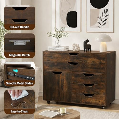 POWERSTONE Rolling File Cabinet 5-Drawer & One Side Door Storage Unit, Wood Printer Stand Drawer Cabinet with 5 Metal Wheels(2 Self-Locking) for Home Office, Coffee - color: Coffee
