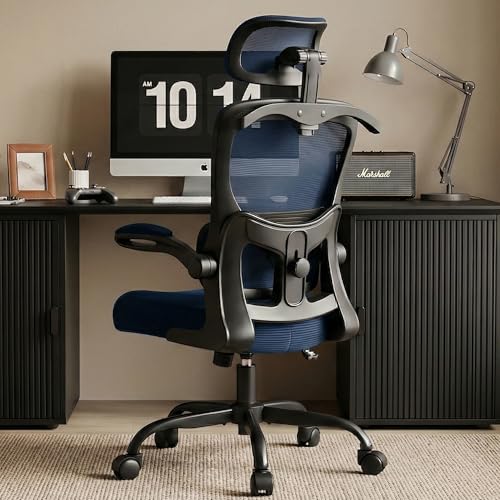 Office Chair Ergonomic Desk Chairs with Adjustable Lumbar Support& Headrest Hanger, High Back Breathable Mesh Chair with Wheels, Rolling Swivel Comfy Task Computer Chair for Home Work Gaming - color: Navy