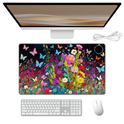 Heated Desk Pad 23.6" x 14.2" 3 Large Heated Mouse Pad with Heat Levels (40°C/45°C/50°C) & 3H Auto Shut-Off Desk Mat Fast Heating PU Leather Warmer Mousepad for Home Office - Floral Flower - color: Floral Flower, size: 23.6 x 14.2 inch