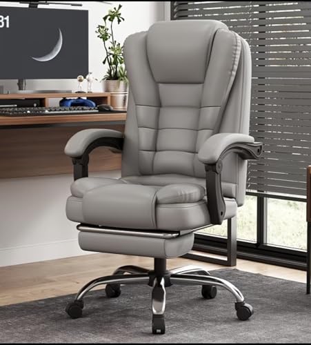 Executive Office Chair, High Back Reclining Swivel Computer Chair with Footrest, Gray Faux Leather, Adjustable Height (Grey)