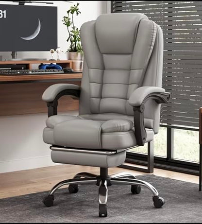 Executive Office Chair, High Back Reclining Swivel Computer Chair with Footrest, Gray Faux Leather, Adjustable Height (Grey)