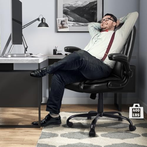 LEMBERI Flip-up Arms Office Desk Chair Big and Tall Managerial Executive Chair, High Back Computer Chair Ergonomic Adjustable Height PU Leather Chairs with Armrest for Long Time Sitting - color: New Black