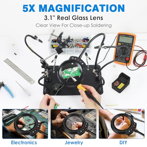Magnetic Helping Hands Soldering Station with 5X LED Magnifying Lamp, 6 Flexible Arms, 360° Soldering Clamp, Heavy Duty Base, Magnetic Third Hand Tool for Precision Soldering, Electronics & DIY