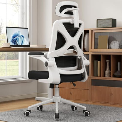 Ergonomic Office Chair - Desk Chair with Adjustable Headrest Lumbar Support Computer Chair - Mesh Comfy Chair with Flip-up Armrests - Gaming Chairs for Adults Home Office 330 LBS (White+Black) - color: White+black