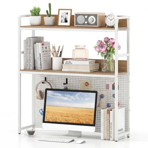 Tangkula Desktop Bookshelf, Multipurpose 2-Tier Desk Hutch with Pegboard, Industrial Countertop Storage Organizer Rack for up to 32" Computer Monitor, Hutch for Dorm Home Office (Natural) - color: Natural