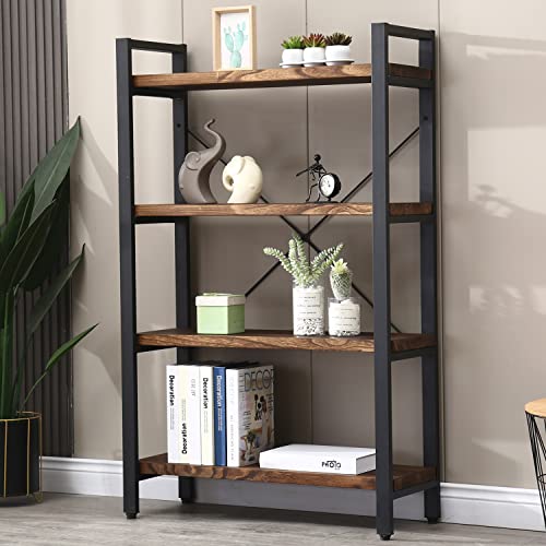 WH-AOERPUMY Solid Wood Bookshelf,4 Tier Rustic Vintage Industrial Etagere Bookcase, Open Metal and Wood Vintage Book Shelf, Retro Brown (RealWood)(4-Tier) - size: 4-Tiers-RealWood