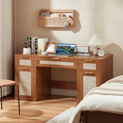 LEYAOYAO Office Desk 56" with 5 Drawers Storage File Cabinet, Tea Brown - color: Tea Brown