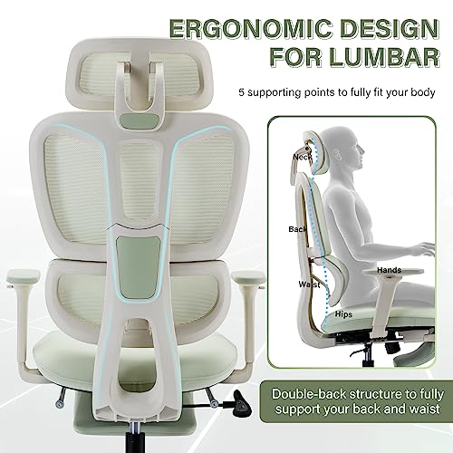 Ergonomic Mesh Office Chair with Retractable Footrest - High Back Computer Chair, Lumbar Support, Adjustable Armrest and Headrest, Durable Base - Multifunctional Home Office Desk Chair for Adults - color: Green
