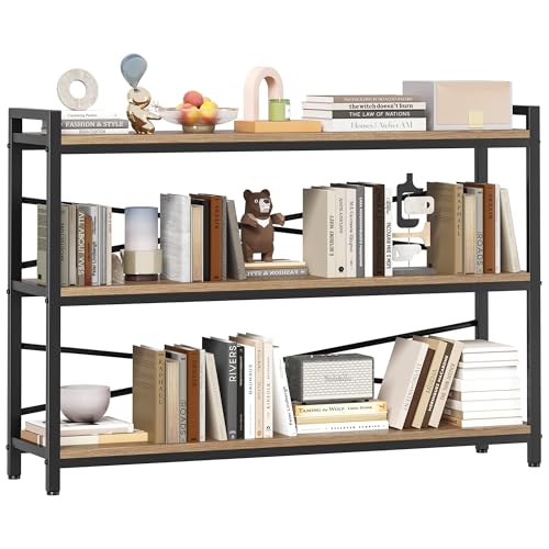 3 Tier Bookcase 47.24" Width, Long Industrial Book Shelf, Vintage Wooden Large Book Shelf for Home Living Room Bedroom Office Storage(Light Coffee) - color: Light Coffee, size: 3 Tier - 47.2" W