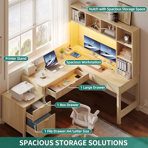 YITAHOME L Shaped Desk with Hutch & Drawers, Natural Oak, 67" | Computer Desk Gaming Desk, Power Outlets & LED Lights, Wood Home Office Desk with Printer Stand