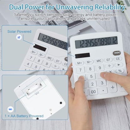 Marte Vanci 12-Digit Desk Calculator with Solar & Battery Power - color: White