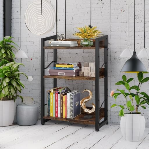 Hosfais 3-Tier Small Bookshelf Bookcase with Edge Protection - color: Rustic Brown, size: 3-tier