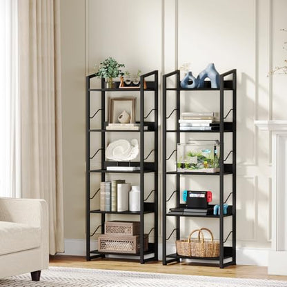 Hosfais 5 Tier Tall Bookshelf: Industrial Wood Book Shelf with Edge Protection Metal Narrow Bookshelf Bookcase Storage Organizer Display Rack for Living Room Home Office (Black) - color: Black