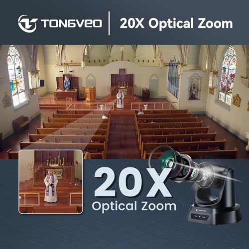 TONGVEO Conference Room PTZ Camera System with 20X Optical Zoom, AI Auto Tracking 1080P 60fps HDMI USB Webcam for Church Streaming Online Video Conference,Compatible with Zoom, OBS Easy Setup - color: Black