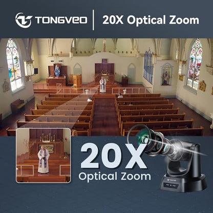 TONGVEO Conference Room PTZ Camera System with 20X Optical Zoom, AI Auto Tracking 1080P 60fps HDMI USB Webcam for Church Streaming Online Video Conference,Compatible with Zoom, OBS Easy Setup - color: Black