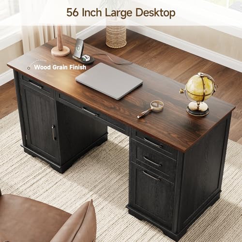 ONBRILL 58" Modern Home Office Desk with 5 Drawers and 1 Cabinet, Black