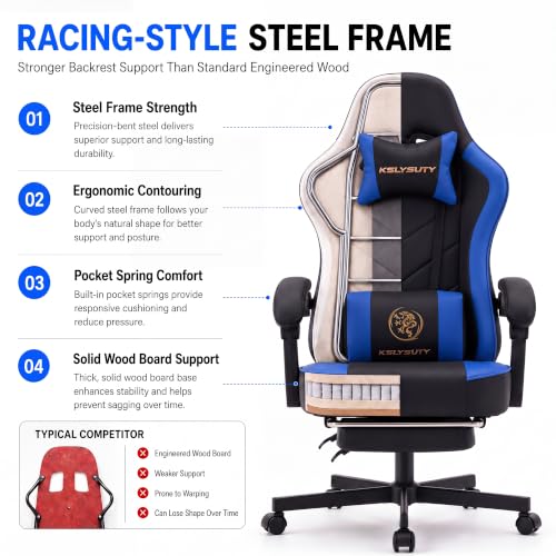 Desk Computer Gaming Chair - High Back Ergonomic Office Chair with Footrest and Lumbar Support, Swivel Comfy Home Gamer Video Game Chairs with Pocket Spring Cushion for Adults (Blue Leather) - color: Classic Blue Leather