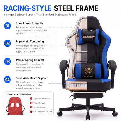 Desk Computer Gaming Chair - High Back Ergonomic Office Chair with Footrest and Lumbar Support, Swivel Comfy Home Gamer Video Game Chairs with Pocket Spring Cushion for Adults (Blue Leather) - color: Classic Blue Leather