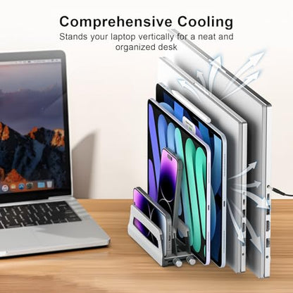 Elestoria 6-Slot Vertical Laptop Stand & Holder –Adjustable Aluminum Laptop Stand Vertical for Desk Fits 6 Devices, MacBook & Gaming Laptops (Up to 17.3”)–Space Saving Laptop Storage Rack - Grey - size: 6 - Slot