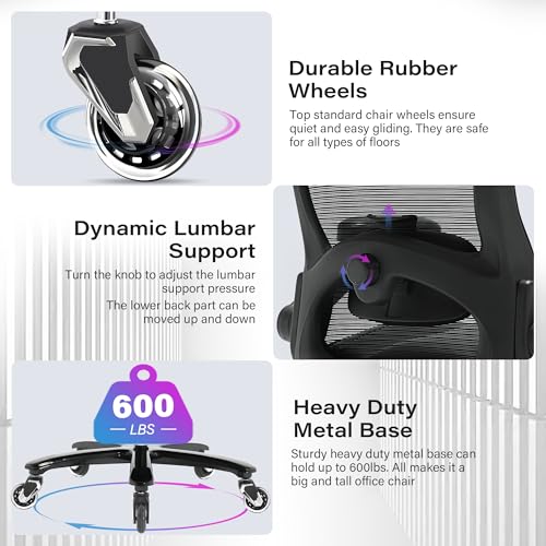 600lbs Big and Tall Office Chair, Heavy Duty Executive Computer Desk Chair | 3D Flip Arms, Large Wheels, Ergonomic Design, Extra Wide Seat, Adjustable Lumbar Support&Headrest, Mesh High Back Chair - color: Black-black Armrests