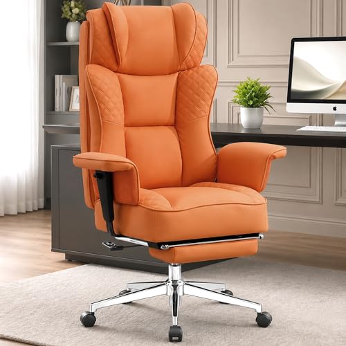 Office Desk Chair, High-Back Big and Tall Leather Chair with Footrest - color: Orange