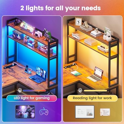 SEDETA L Shaped Desk with Hutch, 45.3” Reversible Home Office Desk, L Shaped Gaming Desk with LED Lights, Power Outlet, Storage Shelves and Hooks for Small Space, Rustic Brown - color: Rustic Brown