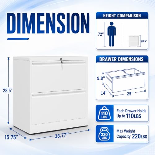 2 Drawer File Cabinet with Lock, 26.8" W Lateral Filing Cabinet - color: White, size: 26.8"W - 2 Drawer