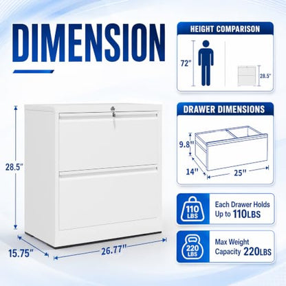 2 Drawer File Cabinet with Lock, 26.8" W Lateral Filing Cabinet - color: White, size: 26.8"W - 2 Drawer