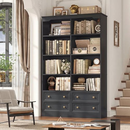 71" Tall Bookshelf with 4 Drawers Black Bookshelf Office Bookcase | 6-Tier Double Wide Bookshelves and Bookcases with Storage, Black Bookshelf Standing Book Cabinet for Home Office, Black - color: Black