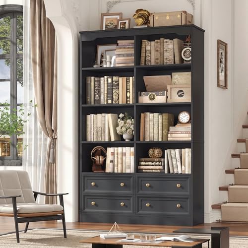 71" Tall Bookshelf with 4 Drawers Black Bookshelf Office Bookcase | 6-Tier Double Wide Bookshelves and Bookcases with Storage, Black Bookshelf Standing Book Cabinet for Home Office, Black - color: Black