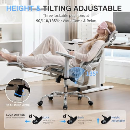 Ergonomic Mesh Office Chair with 2-Zone Lumbar Support and Footrest,Grey | Big and Tall, 400LBS, Adjustable Seat Depth, 4D Headrest, 4D Armrests Swivel Executive Chair for Home Office - color: Grey