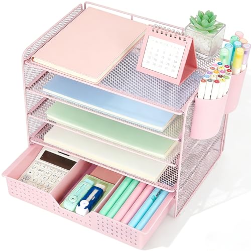 LEKETREE Desk Organizers and Accessories, 5-Tier Paper Letter Tray Organizer with Drawer & 2 Pen Holders, Desktop Organizer for Office Supplies (Pink) - color: Pink, size: 12" x 8" x 10"