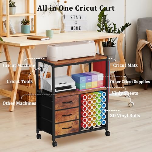 30 Vinyl Roll Holders for Cricut Cart, Rolling Craft Cart with 3 Fabric Drawer, Craft Organization and Storage Compatible with Cricut Maker Machine, Crafting Cabinet Table Workstation, Rustic Brown - color: Vintage, size: Large
