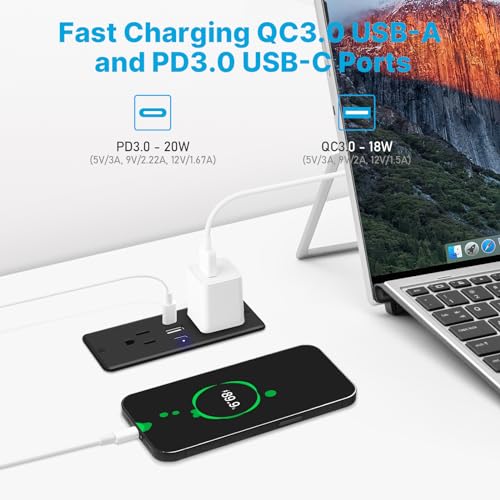 CCCEI Recessed Power Strip with Outlet and USB C Ports, Furniture Flush Mount Power Strip, Small Desk Hidden Outlet for Conference Table, Nightstand, Black, 10FT. - size: 10FT, style: 20W_USB-C