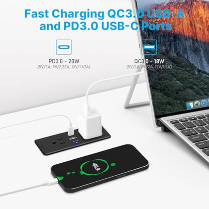 CCCEI Recessed Power Strip with Outlet and USB C Ports, Furniture Flush Mount Power Strip, Small Desk Hidden Outlet for Conference Table, Nightstand, Black, 10FT. - size: 10FT, style: 20W_USB-C