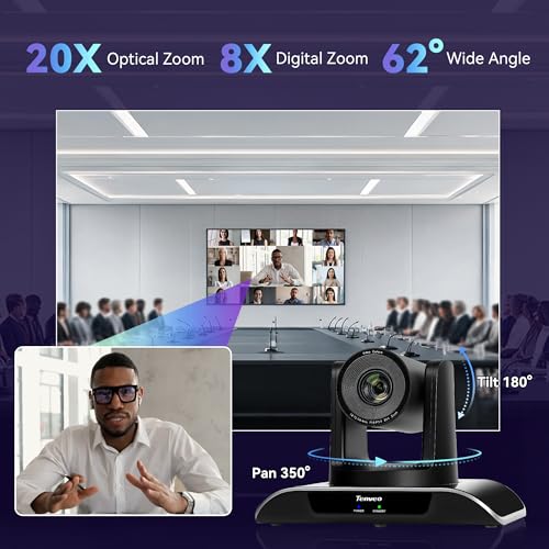 Tenveo 20X Optical Zoom PTZ Camera with AI Auto-Tracking, USB 3.0/HDMI, FHD 1080P60 for Video Conferencing, Live Streaming, Church, Education, Zoom, Teams & OBS - color: Obsidian Black